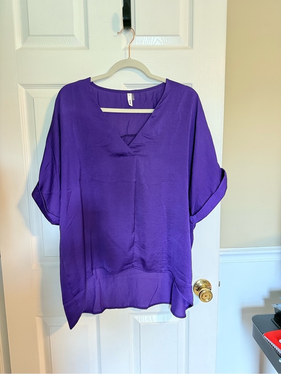 glam Tops - glam Royal Purple V-Neck Roll-Sleeve Blouse